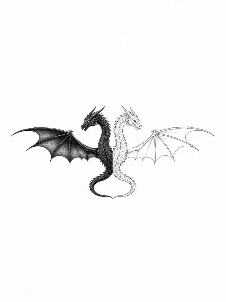 Тату эскиз: Эскиз в стиле микрореализма или тонкой графики (дотconversion/лайнворк). Идея: двуглавый мифический дракон. Тело одно, но оно разделяется на две шеи с головами и крылья. Главная фишка — контраст: одна голова и крыло должны быть темными (заливка/плотная тень), а вторые — светлыми (тонкий контур/чистая кожа). линии без днталейРазмер очень маленький (микро-тату, буквально несколько сантиметров) 