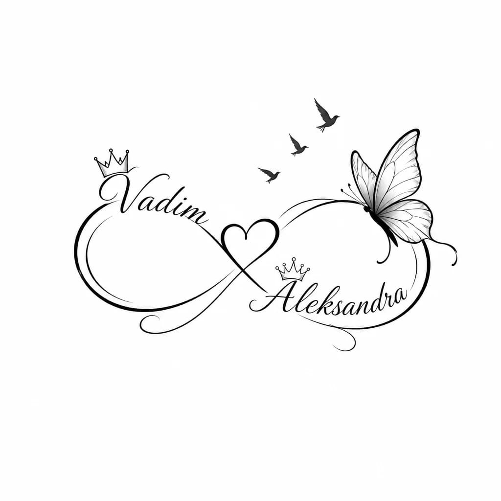 Тату эскиз: Основа четкий плотный знак бесконечности переходит в плавные долнительными линиями. Имена Vadim и Alexandra вплетаются прямо в линии петель одно имя сверху  слева, второе снизу справа утонченным курсивным шрифтом.
Небольшие аккуратные короны мужская над буквой V, женская располагается над первой буквой «A» имени Aleksandra.
Курсивное большое сердце в самом центре пересечения знака бесконечности. Большая бабочка на одной из внешних сторон петли бесконечности 
3 плотных силуэта улетающих птиц 