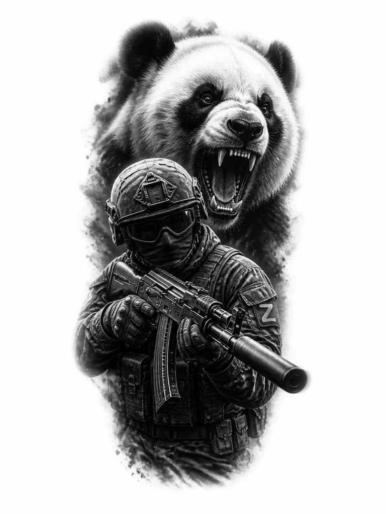 Тату эскиз: Российский военный с ак-74 с глушителем в балоклаве и каске и очках 

И злое животное Панда 