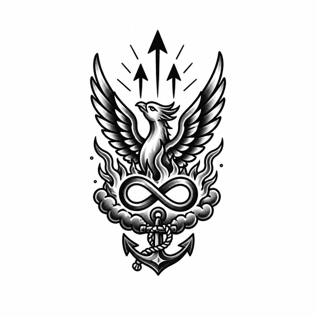 Тату эскиз: Птица Феникс возрождается из пепла, знак бесконечности, плюс стрелы вверх