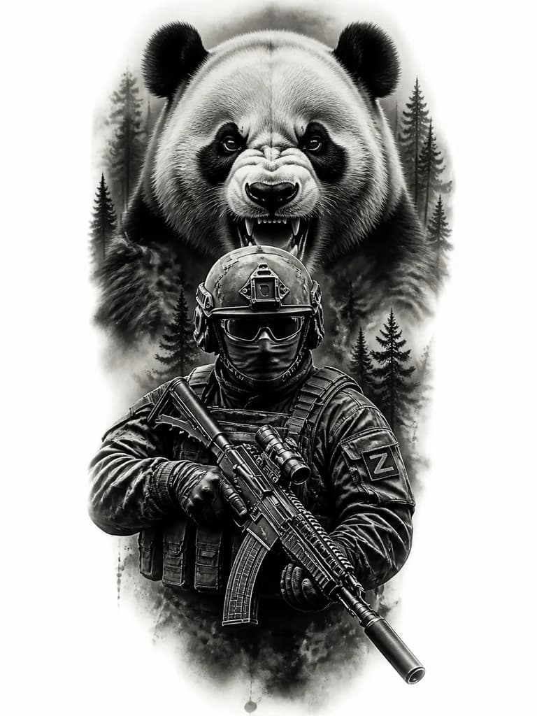 Тату эскиз: Российский военный с ак-74 с глушителем в балоклаве и каске и очках 

И злое животное Панда 