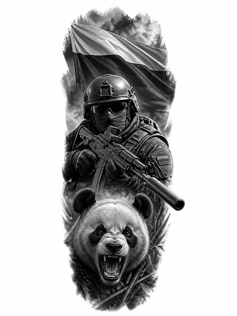 Тату эскиз: Российский военный с ак-74 с глушителем в балоклаве и каске и очках флаг России 

И злое животное Панда 