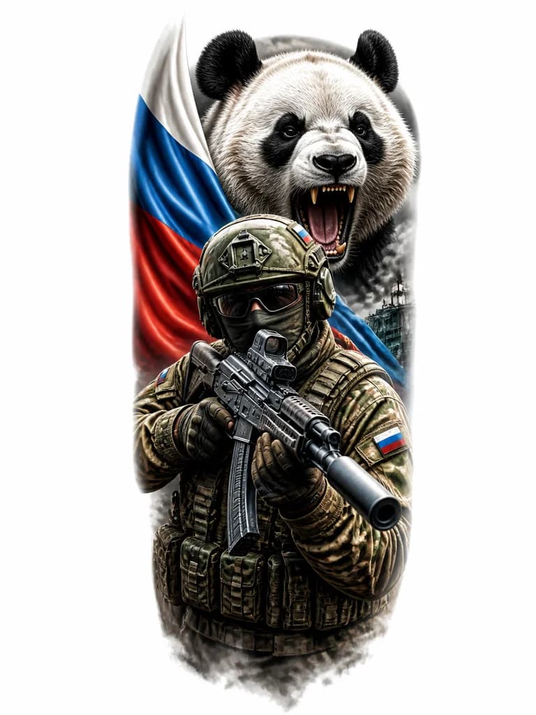 Тату эскиз: Российский военный с ак-74 с глушителем в балоклаве и каске и очках флаг России 

И злое животное Панда 