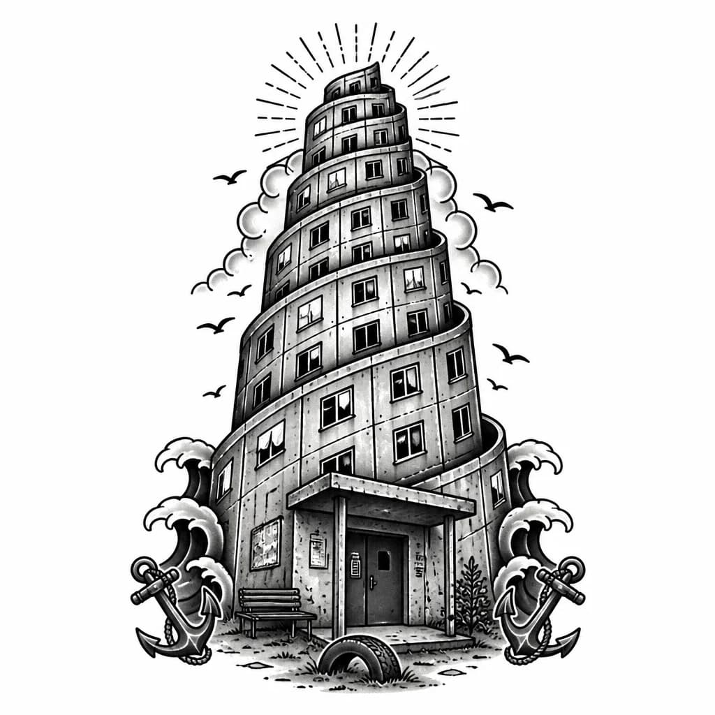 Тату эскиз: Flash tattoo design, blackwork style. A conceptual Babylon Tower built in the aesthetics of Soviet brutalism (panel building Khrushchyovka). At the very bottom of the tower, instead of the ancient entrance, there is a detailed porch of a Soviet apartment building, complete with a concrete canopy over the door, an old iron bench, and a car tire half-buried in the ground. From this concrete porch, the building spirals majestically upwards, its panels and rows of windows twisting into the shape of 