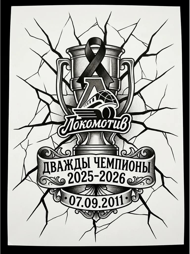 Тату эскиз: Эмблема Хоккейного клуба Локомотив Ярославль , на фоне Кубка Гагарина , с чёрной траурной лентой 
Всё это на фоне расколотого льда
Больше ничего лишнего на эскизе быт не должно