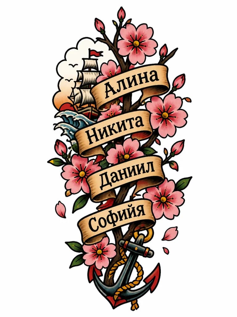 Тату эскиз: Создать эскиз тату с цветущей сакурой в которой будут прописаны имена детей