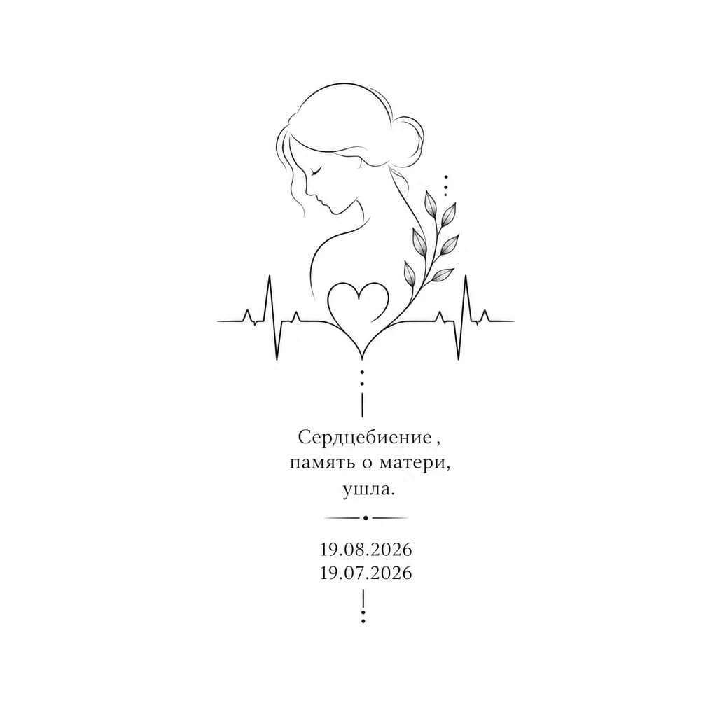 Тату эскиз: Сердцебиение , память о матери, ушла. Год рождения 19.08.2026 уход 19.07.2026