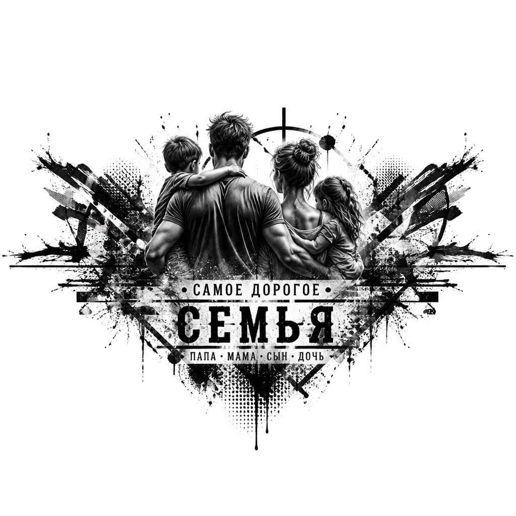 Тату эскиз: Самое дорогое Семья: папа мама сын дочь
С переходом на плечо