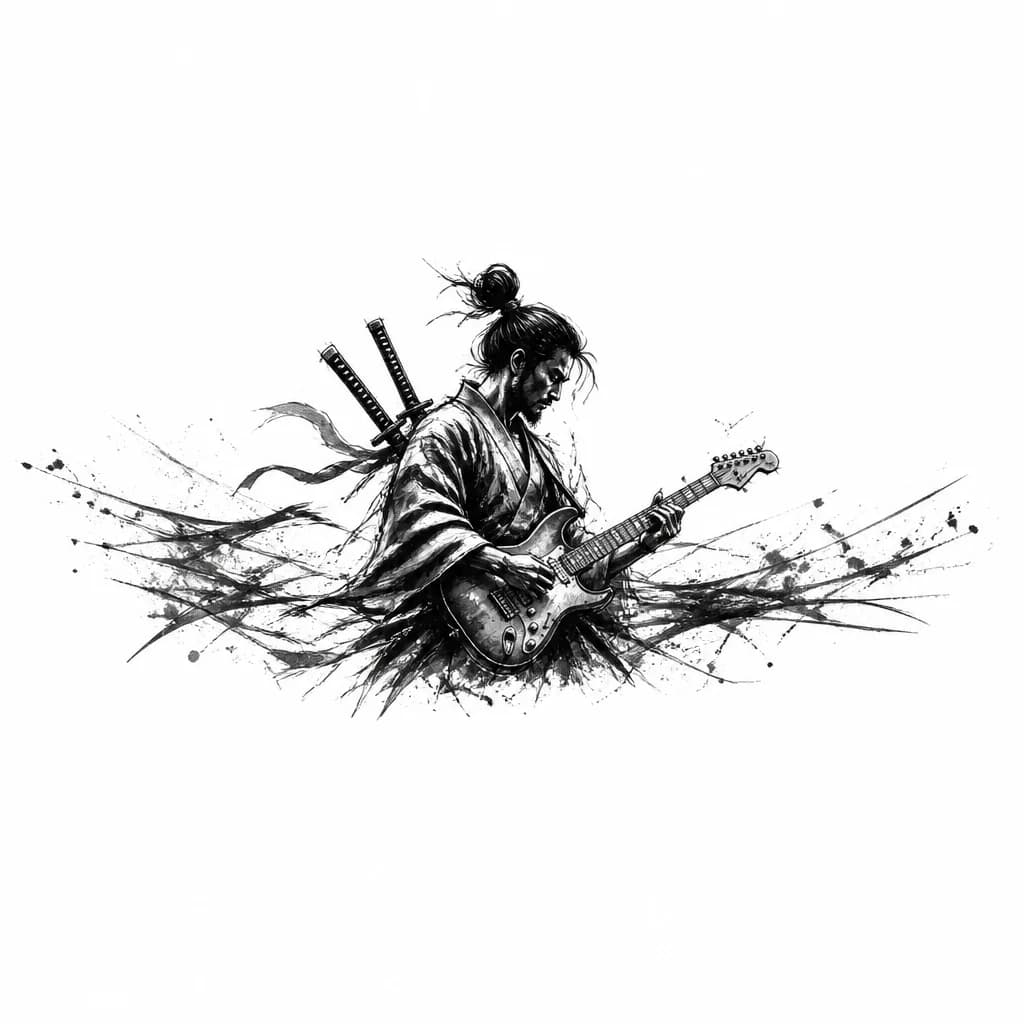 Тату эскиз: Vertical forearm tattoo design. Silhouette of a Japanese samurai with a topknot hairstyle standing in profile, playing an electric guitar. Katanas on his back. Textured black ink brushstrokes, sumi-e style, raw paint splatters on clothing edges. Black ink only. No background, no sun, isolated on pure white background.