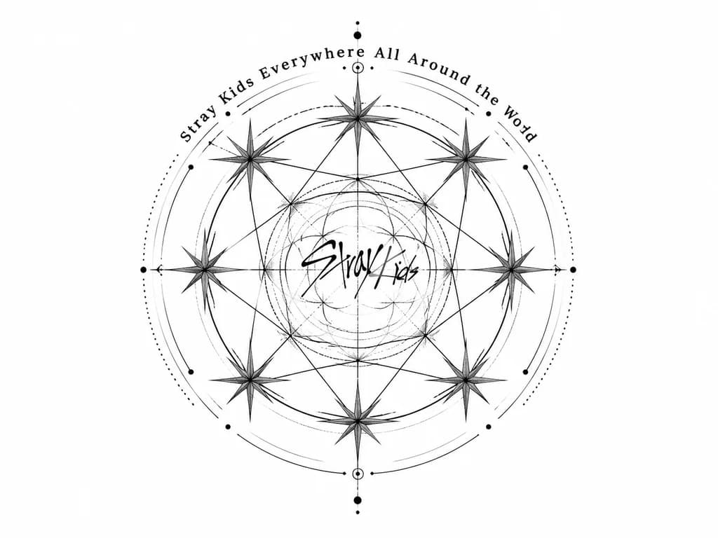 Тату эскиз: Stray Kids Everywhere All Around the World над ключицей восемь звёзд Соединённых друг с другом под ключицей