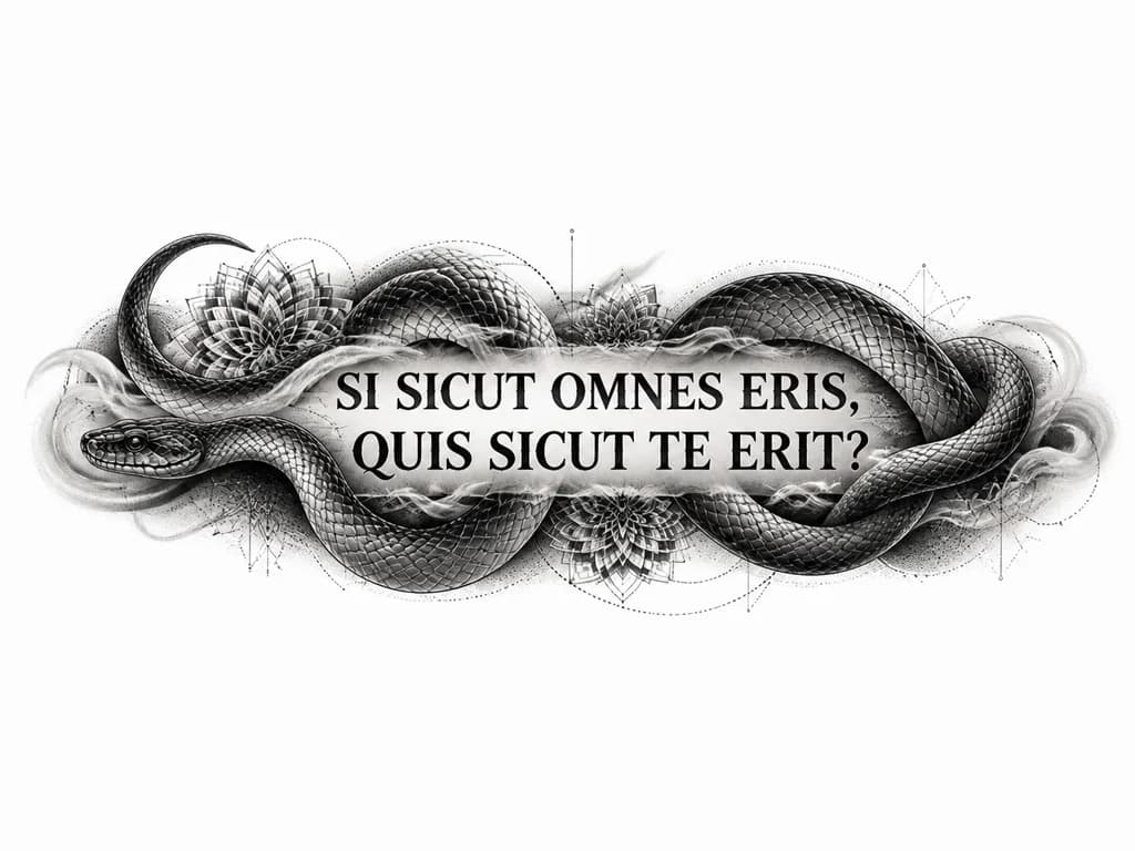 Тату эскиз: Black and grey tattoo design, forearm wrap-around composition. A serpent coiling around the arm, executed in detailed stippling and dotwork shading, creating a smoky 3D effect. The snake's body forms a natural frame for a large bold text. Added geometric mandala fragments and subtle abstract smoke waves to fill the empty space without cluttering. Strictly monochrome, charcoal tones, no horror elements (no skulls, spiders or webs), smooth transitions, high-quality ink drawing.