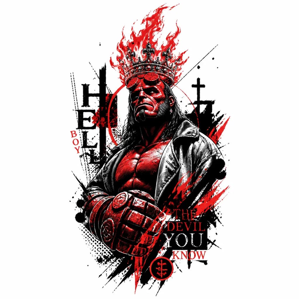 Тату эскиз: Draw a sketch of a tattoo in the style of a thrash polka. The central character is Hellboy: recognizable facial features, massive horns, and a powerful figure. There is a burning crown on his head: the flames are realistic, with dynamics, as if the fire is moving. The palette is strictly black and red: black — for contours, shadows, large spots and chaotic strokes; red — for flames, accents and splashes. Add abstract elements in the spirit of thrash polka: ragged strokes, hatching