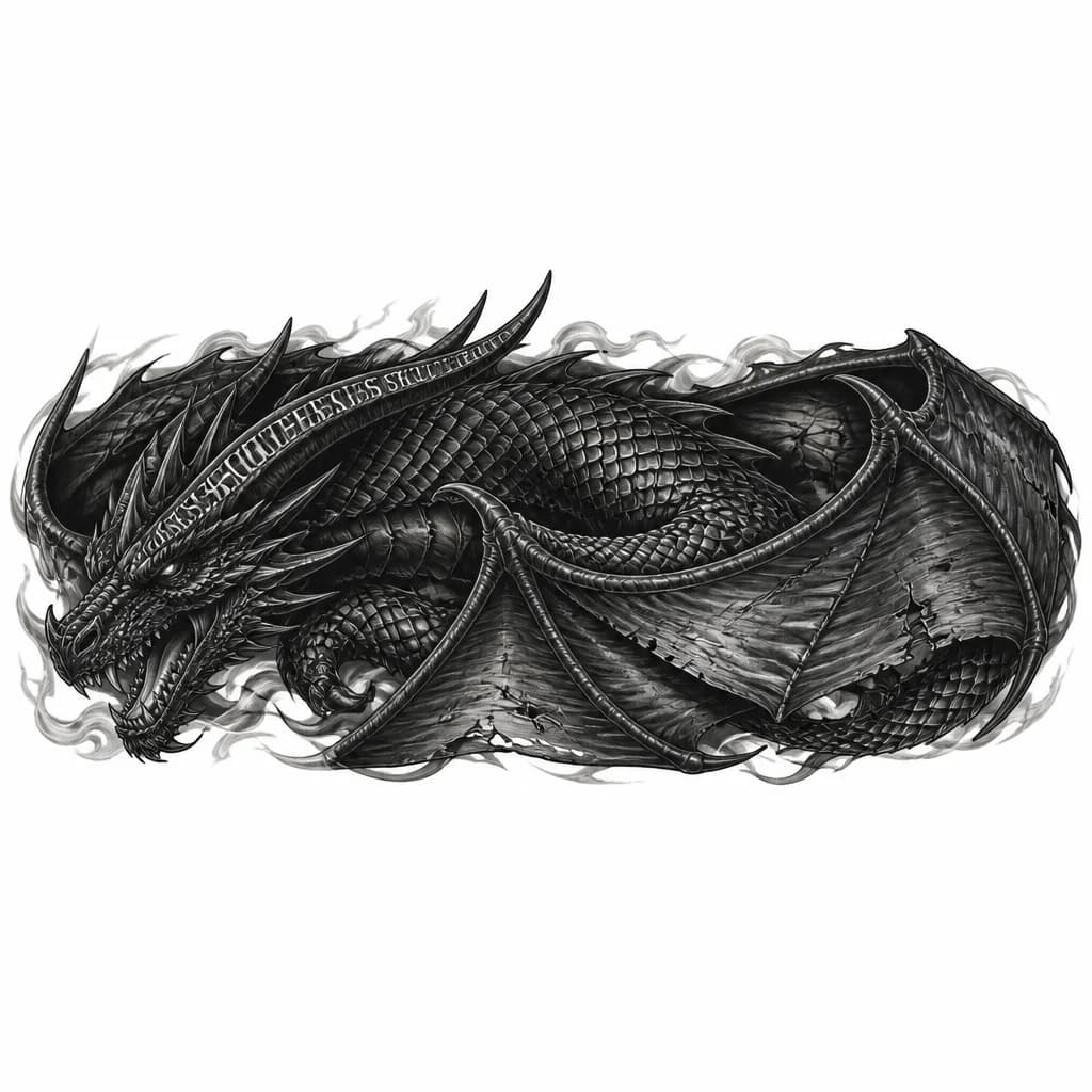 Тату эскиз: Hyperrealistic black dragon tattoo for male forearm, Empyrean style from Fourth Wing. Massive dragon coiled around arm, textured matte black scales, glossy highlights, muscular body. Horned head near elbow with glowing amber-white eye reflections, open jaws with fangs. One enormous wing wraps around forearm like living cloak, detailed membrane with veins. Bold carved inscription "SI SICUT OMNES ERIS, QUIS SICUT TE ERIT?" along spine and horn like ancient runic scarification. Dark smoky backgroun