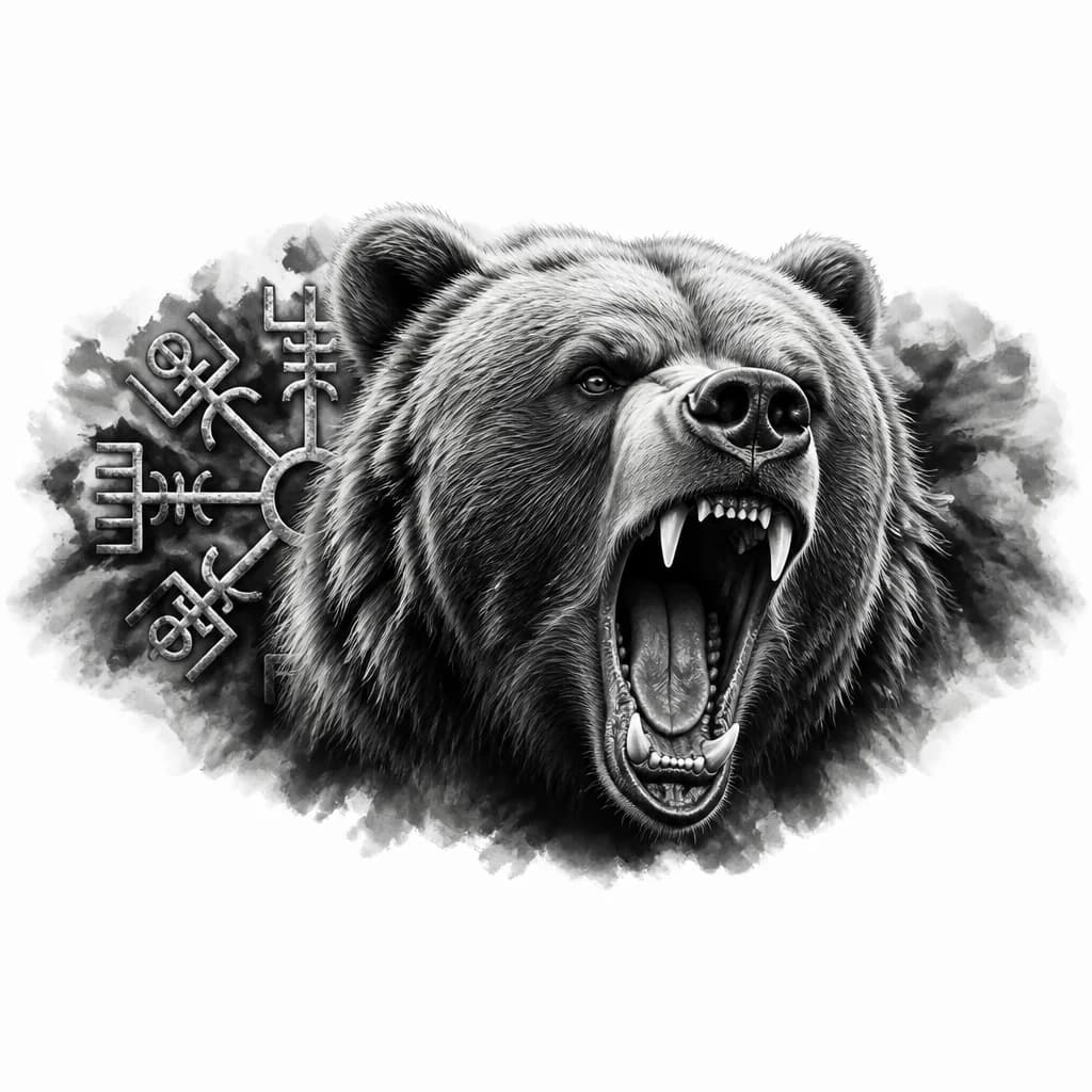 Тату эскиз: Основной объект:Голова разъярённого медведя в повороте 3⁄4, пасть широко раскрыта, видны клыки и язык, выражение агрессии и силы. Шерсть прорисована детально, с акцентом на текстуру и глубину. Глаза — напряжённые, с ярким взглядом. Композиция: Медведь занимает центральную часть. Голова слегка наклонена, создавая динамику и ощущение движения. Фон: Слева позади головы — символ Агисхьяльм (Шлем ужаса), выполненный в скандинавском стиле: Линии чёткие. 