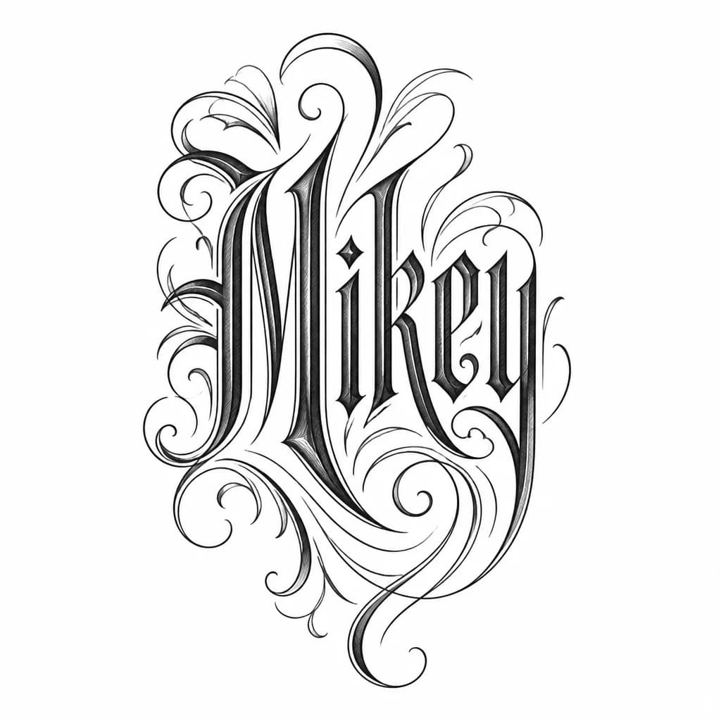Тату эскиз: Тату в стиле леттеринг чикано, в основе слово Mikey 