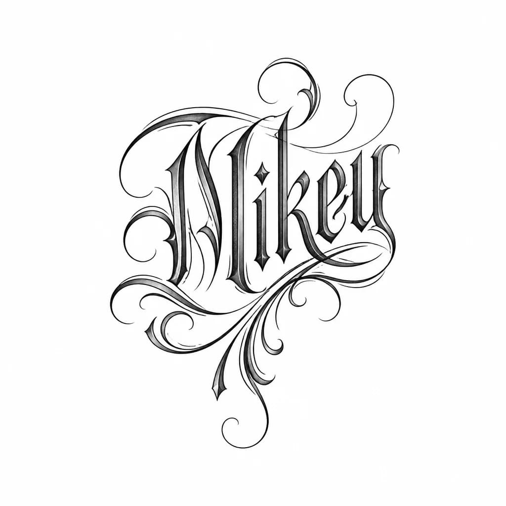 Тату эскиз: Тату в стиле леттеринг чикано, в основе слово Mikey 
