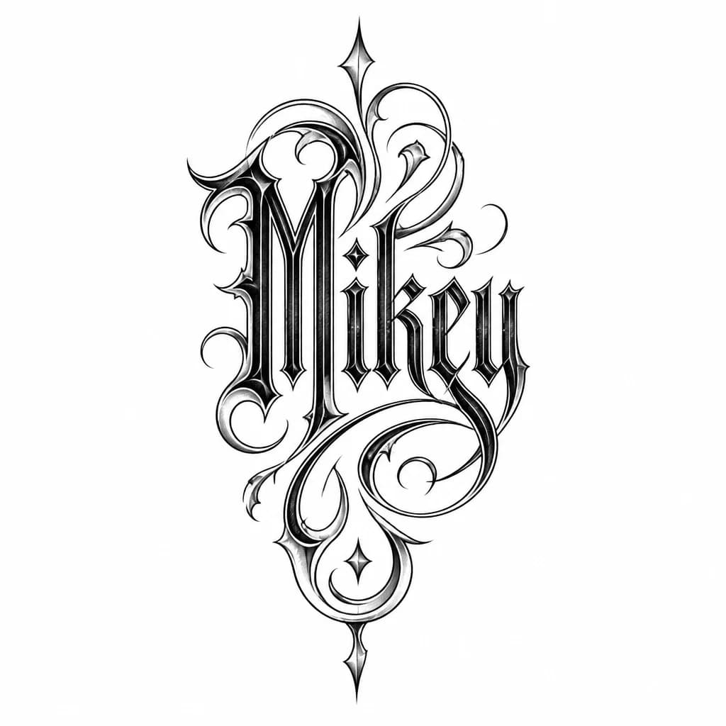 Тату эскиз: Тату в стиле леттеринг с элементами чикано. В основе слово Mikey. В готическом стиле