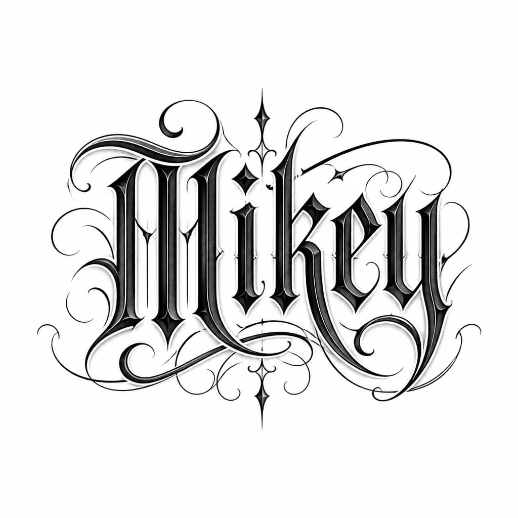 Тату эскиз: Тату в стиле чикано. В основе слово Mikey. В готическом стиле