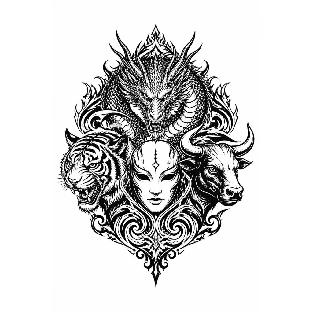 Тату эскиз: Chest tattoo design, tetramorph with dragon, tiger, bull, and a white mask. Symmetrical heraldic composition, bold black outlines, precise line art, thin and thick lines for depth, no shading, only solid black fill for some areas, white mask as negative space, clear distinct contours for each animal, intertwining but legible, strong contrast, clean and crisp, centered on the chest, dark fantasy style, high detail in line patterns (scales, stripes, fur, mask details) --ar 2:3