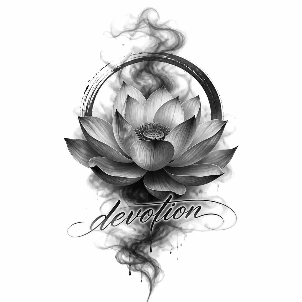 Тату эскиз: фраза devotion и цветок лотоса