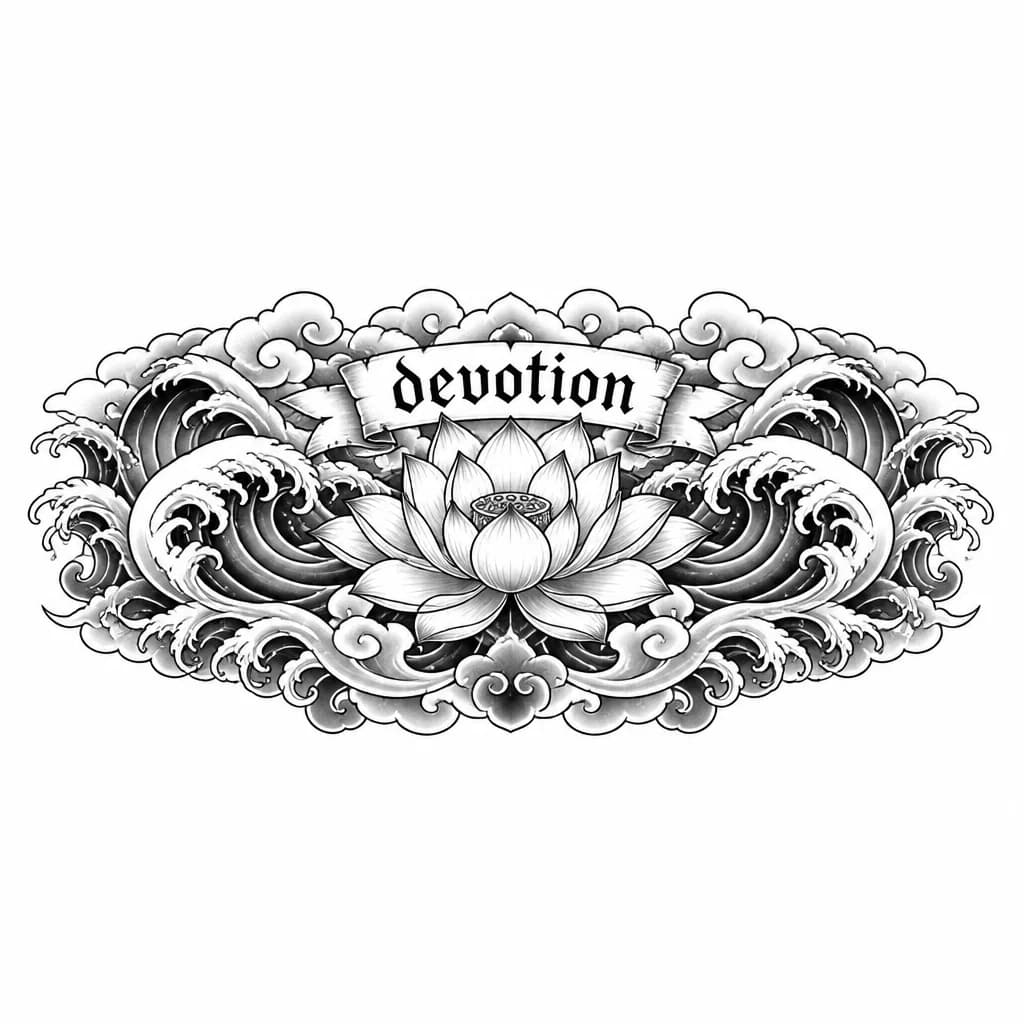 Тату эскиз: фраза devotion и цветок лотоса