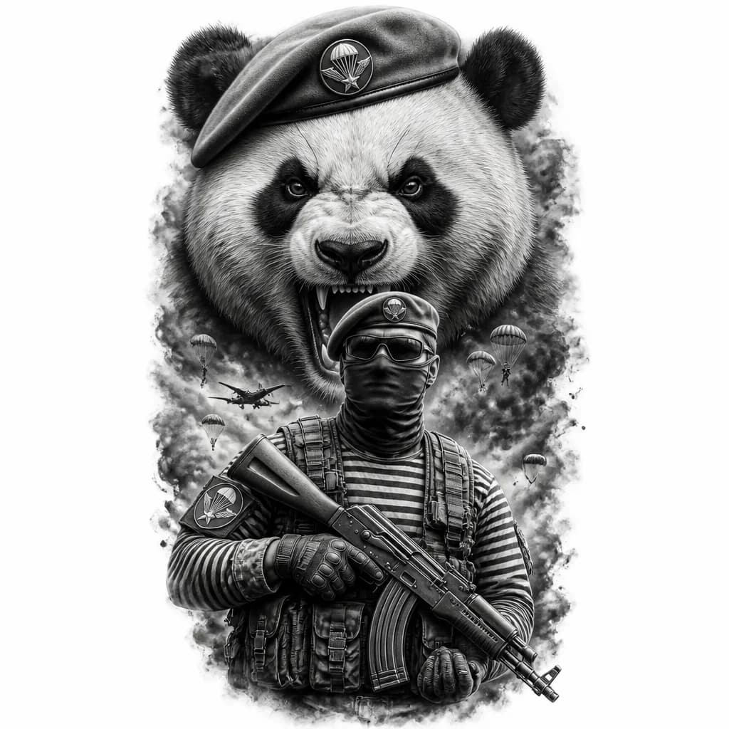 Тату эскиз: Русский десантник с ак-74 в маске и очках в тельняшке 
И злая панда 