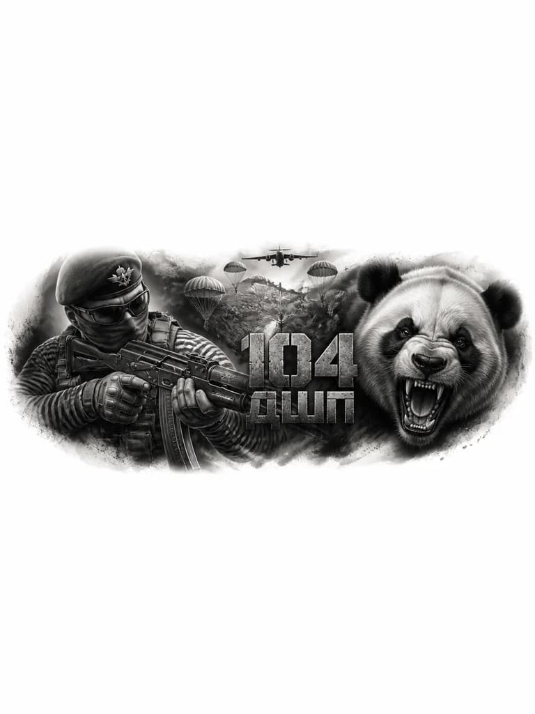 Тату эскиз: Русский солдат с ак-74 в маске и очках в тельняшке 
И злая панда 