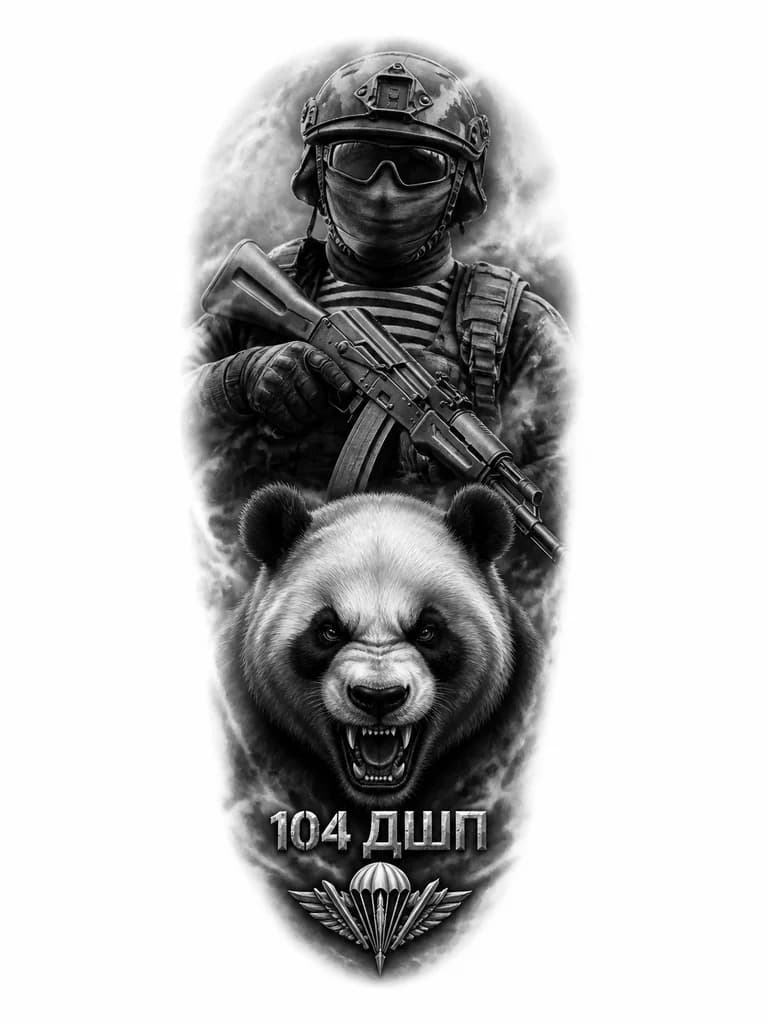 Тату эскиз: Русский солдат с ак-74 в маске и больших очках в тельняшке и каске 
И злая панда 