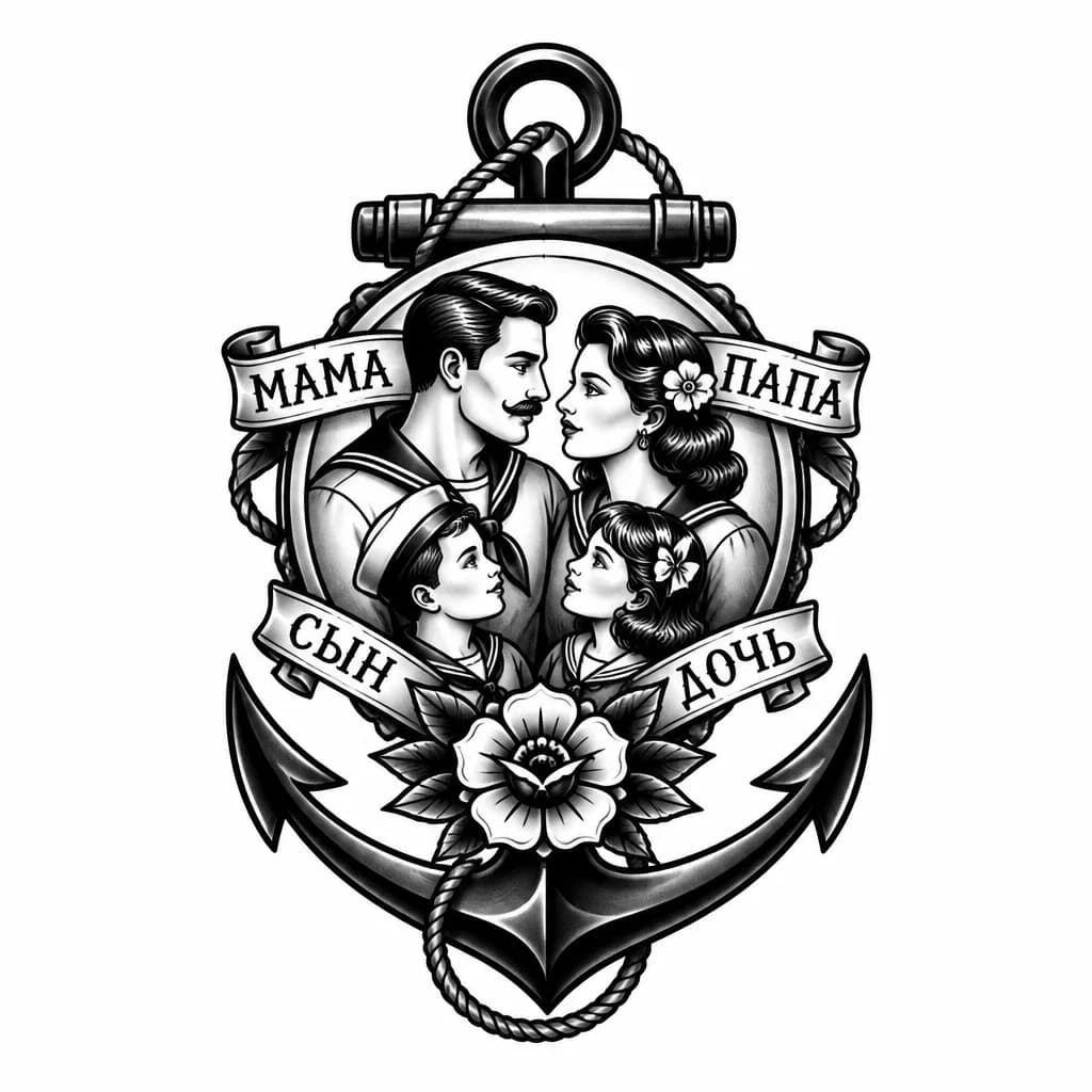 Тату эскиз: Мама папа сын дочь
