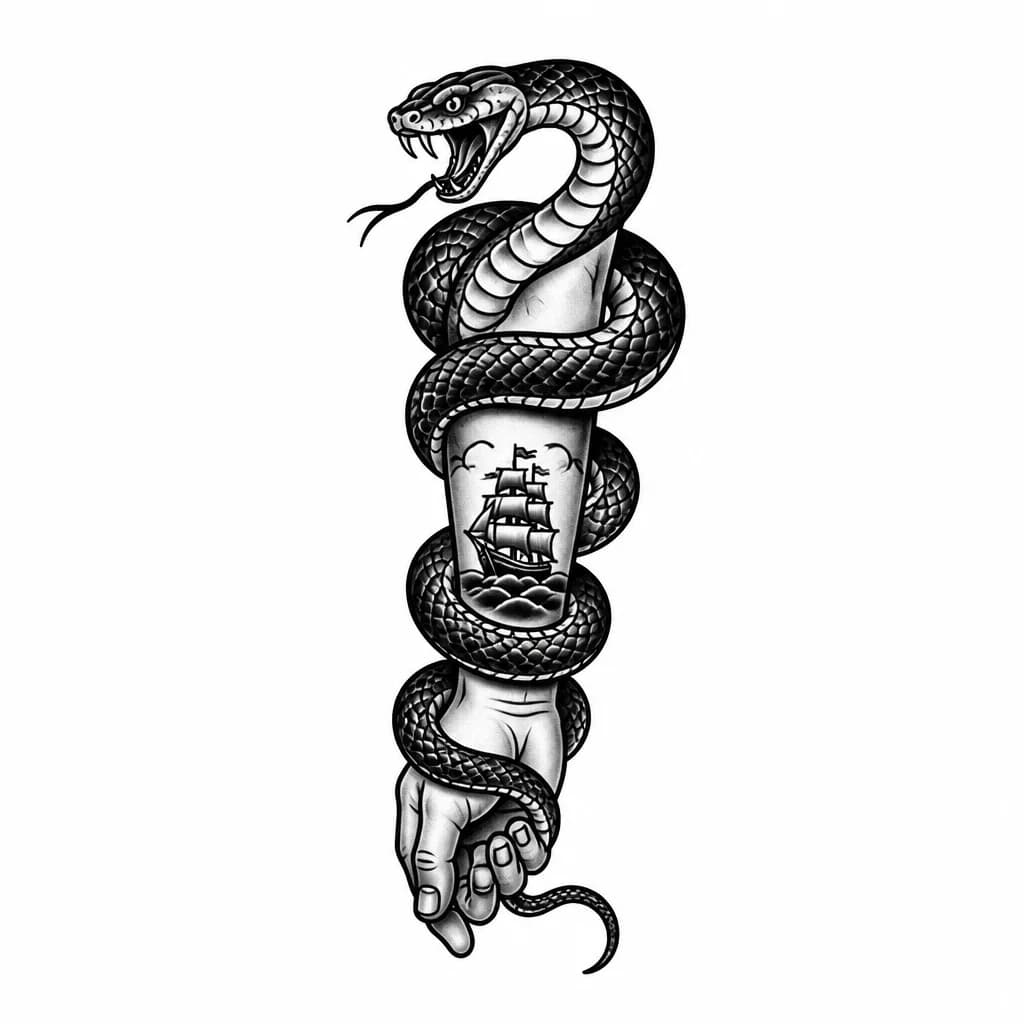 Тату эскиз: A detailed realistic snake coiled around an arm, scales visible with fine detail, monochrome black and white ink style, anatomically accurate serpent with forked tongue, muscular coils, dramatic lighting, tattoo flash sheet illustration, white background, high contrast, clean lines