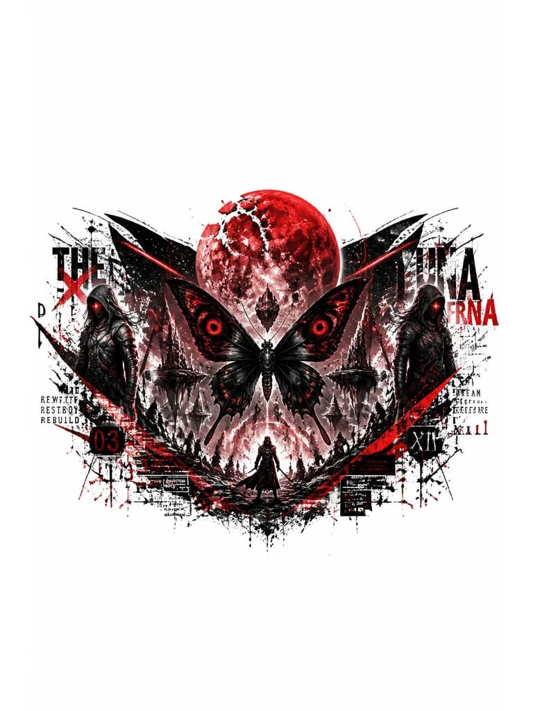 Тату эскиз: blackwork tattoo design, shattered giant red moon in the sky, majestic dark butterfly with glowing red eye patterns on wings, futuristic battlefield, floating ruins, starry night, red laser beams, mystical and epic atmosphere, 2D illustration style, Genshin Impact aesthetic, dark fantasy, intricate linework --ar 2:3