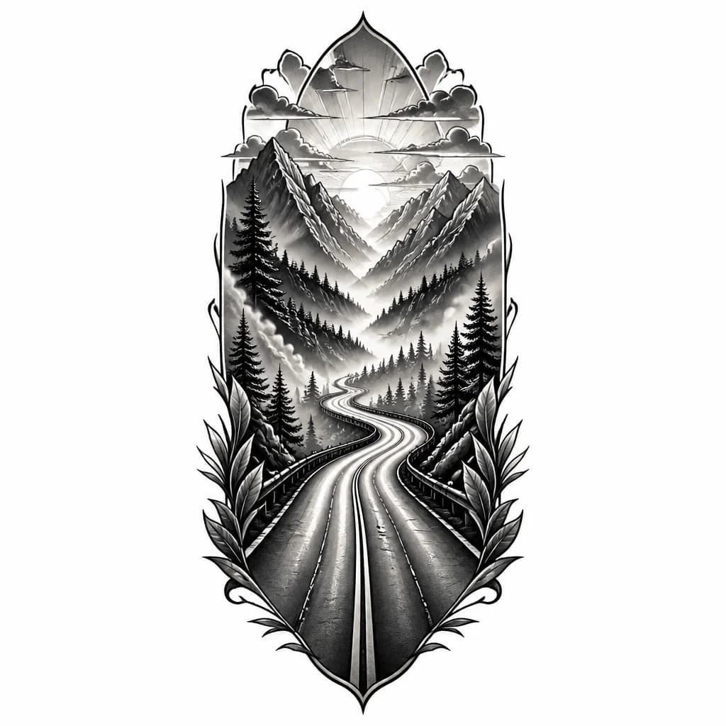 Тату эскиз: Vertical tattoo composition with the road as the central element. Soft mist or fog along the road, denser at the horizon and fading near the foreground. Mountain silhouettes with a few sharp rock details, rest dissolved in fog. Sunset rays breaking through the haze. Background edges heavily blurred with a vignette effect, gentle gradient from dark grey to near-transparent. Road remains sharp with strong perspective and shadows.