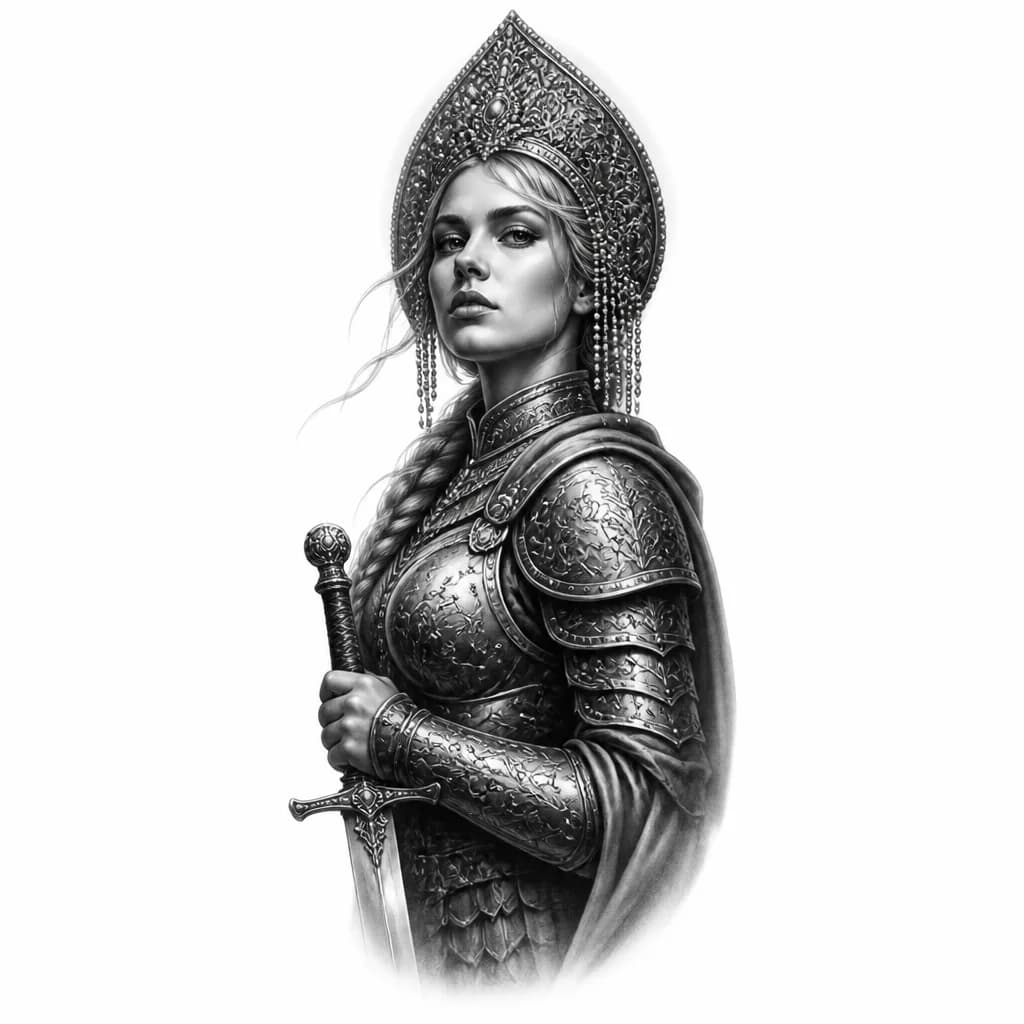 Тату эскиз: Девушка в костюме воина, в доспехах с мечом , на голове какошник  