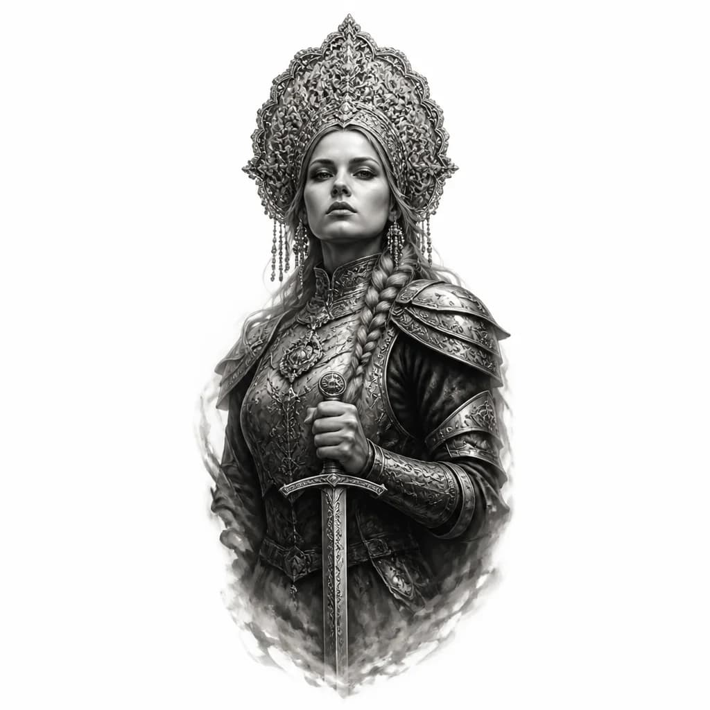 Тату эскиз: Девушка в костюме воина, в доспехах с мечом , на голове какошник  