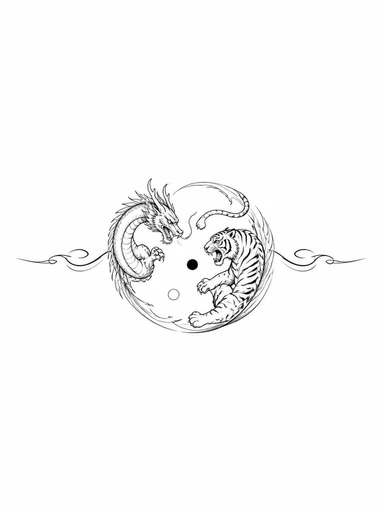 Тату эскиз: Создай татуировка дракон дерётся с тигром и оба они формируют инь и янь
