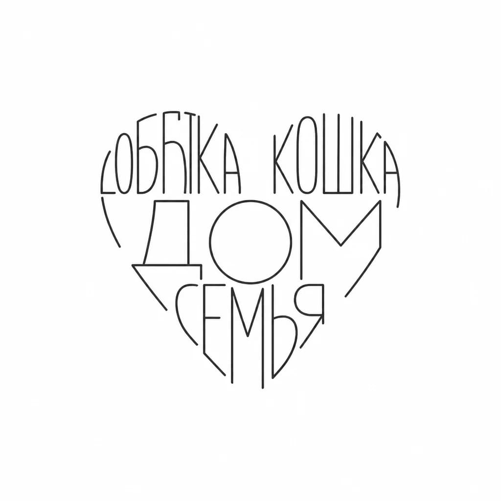 Тату эскиз: Слова: собака, кошка, дом, семья складываются в виде сердечка. Шрифт должен быть графичным, четким. 