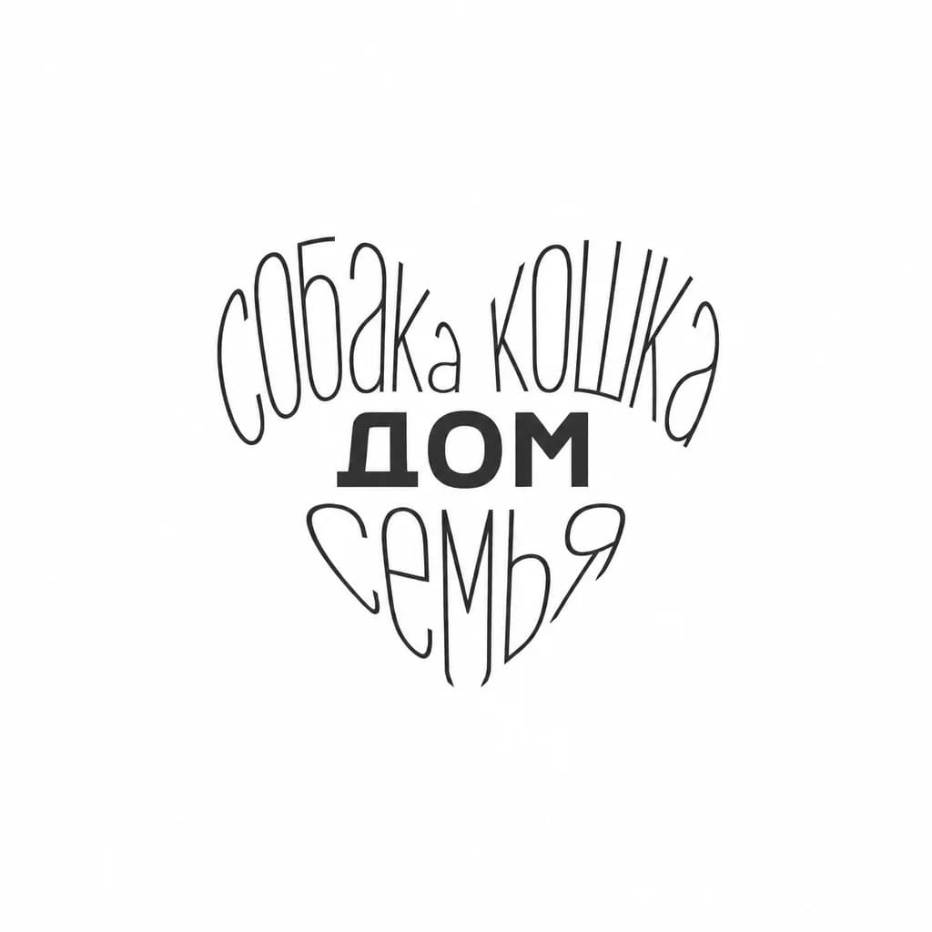 Тату эскиз: Слова: собака, кошка, дом, семья складываются в виде сердечка. Шрифт должен быть графичным, четким. Слово собАка через букву а. Дом выдели жирным
