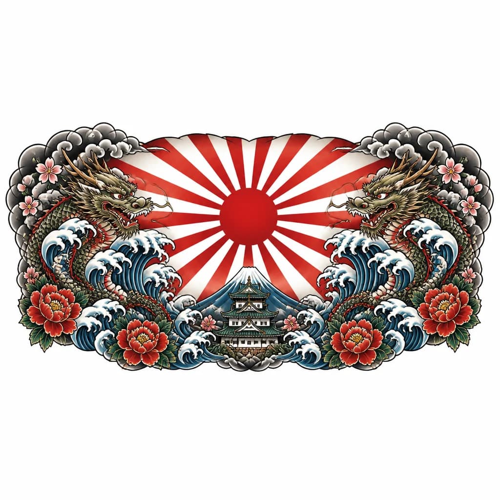 Тату эскиз: Флаг Японской Империи на грудной мышце, лучи на флаге становятся более прозрачными по ходу их отдаления от центра флага