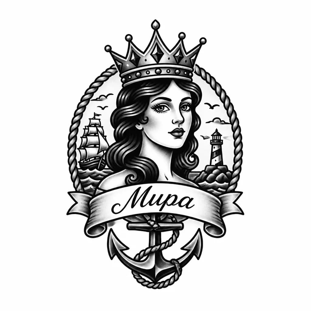 Тату эскиз: Имя Мира с короной 