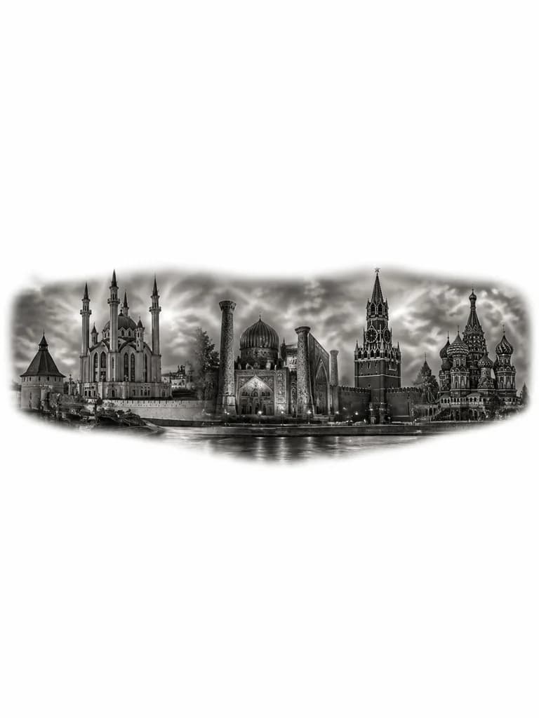 Тату эскиз: 3 города, Казань Ташкент Москва, обьеденить в один город для тату на предплечье