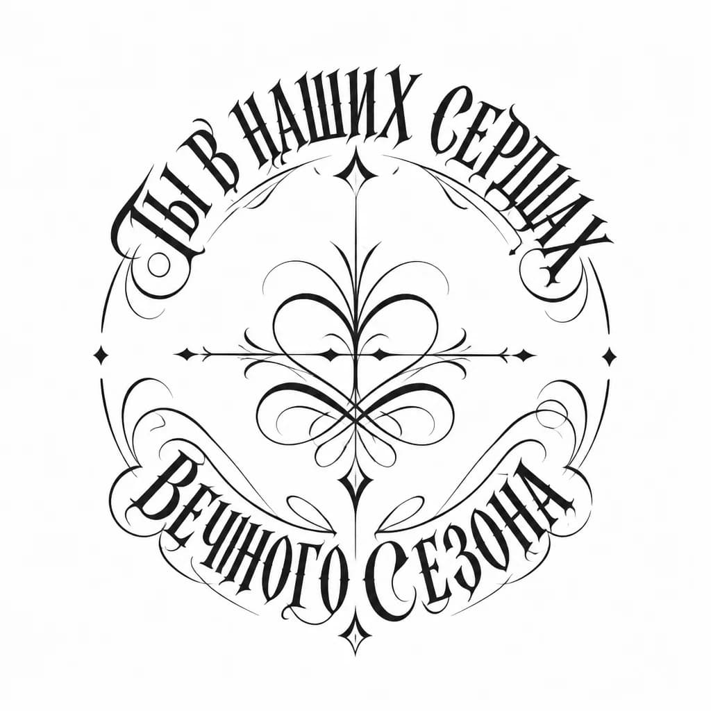 Тату эскиз: Нужен эскиз из двух фраз. Фразы прописным текстом красивым каллиграфическим . Фразы расположены на окружности. С верхнего края (Ты в наших сердцах) а с нижнего края (Вечного сезона) шрифт красивый прописаной 