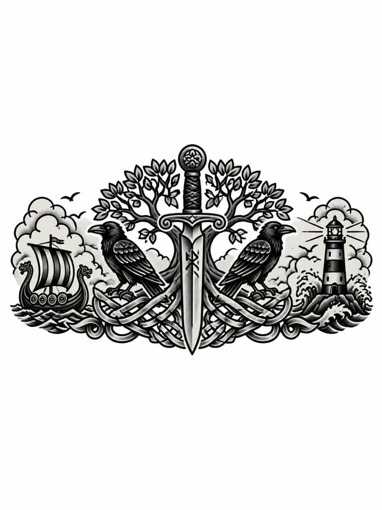 Тату эскиз: Нордический стиль, клинок, игдрасиль, вороны Одина