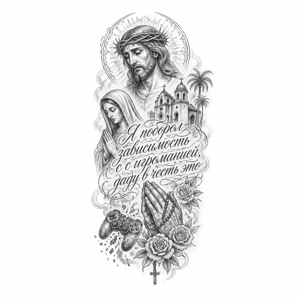Тату эскиз: Я поборол зависимость с связанную с игроманией, даду в честь это