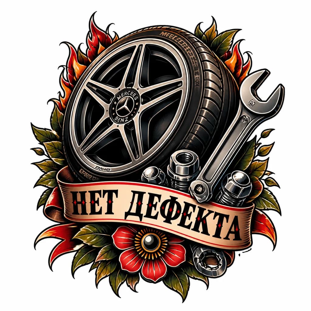 Тату эскиз: Мерседес, диск, шина, гайки, гаечный ключ
