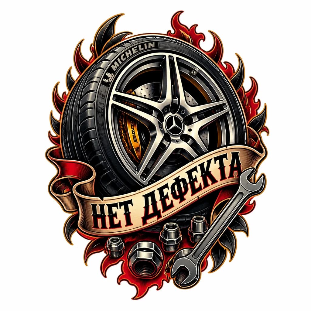 Тату эскиз: Мерседес, диск, шина, гайки, гаечный ключ