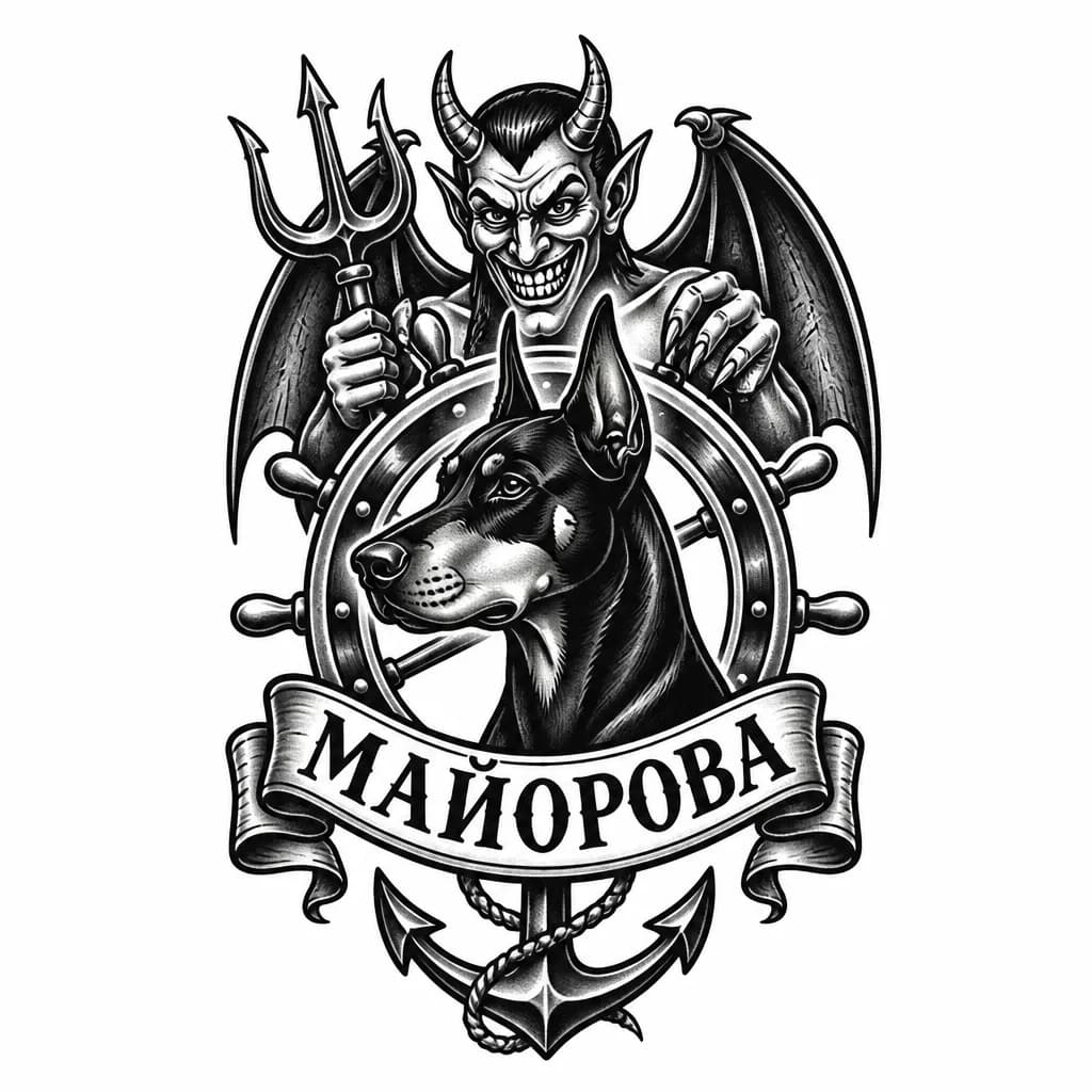 Тату эскиз: создай эскиз со словом Майорова что бы был доберман и демон 