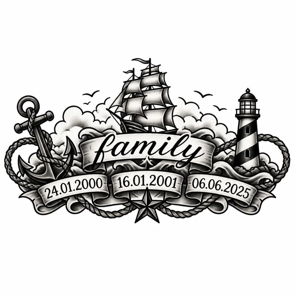 Тату эскиз: Надпись family и даты 24.01.2000 16.01.2001 06.06.2025 для мужчины 