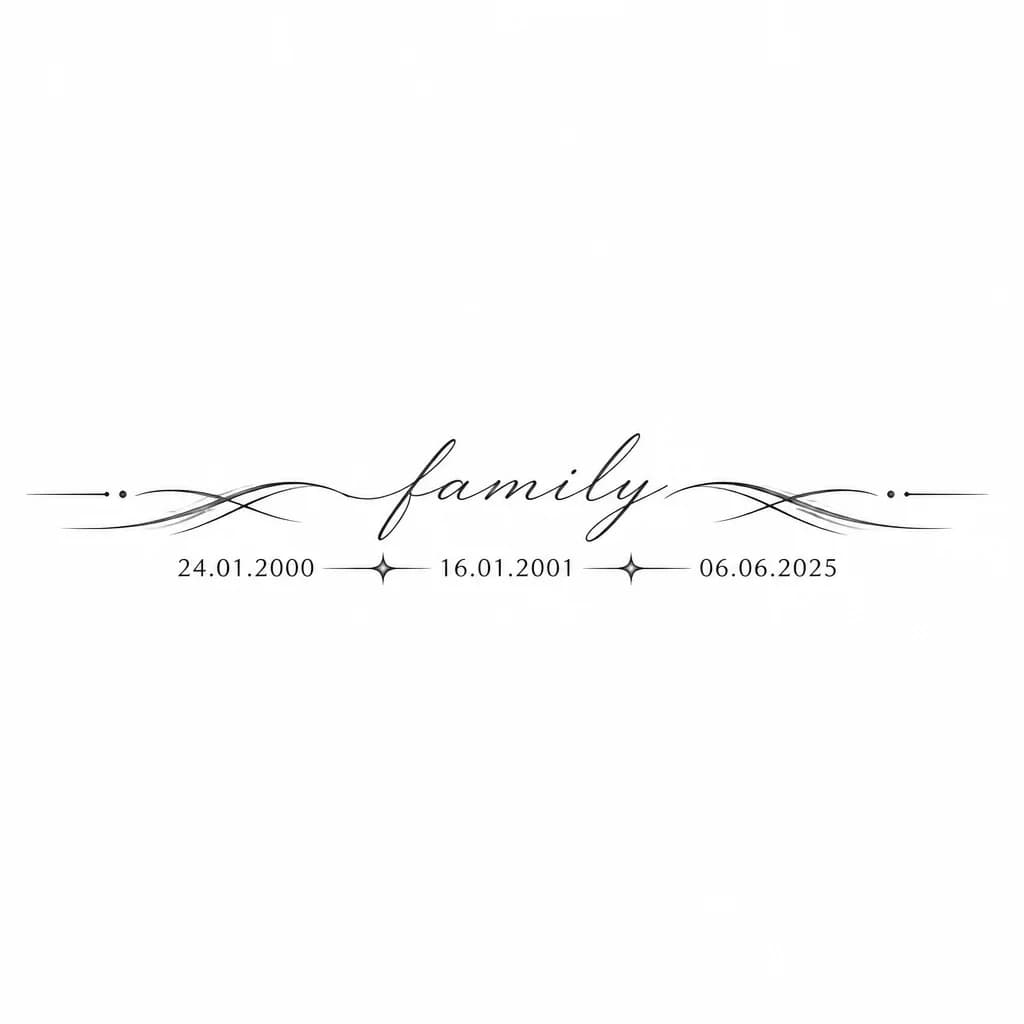 Тату эскиз: Надпись family и даты 24.01.2000 16.01.2001 06.06.2025 для мужчины 