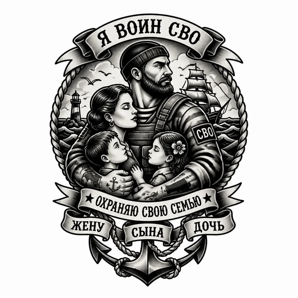 Тату эскиз: Я воин сво охраняю свою семью , жену, сына , дочь 