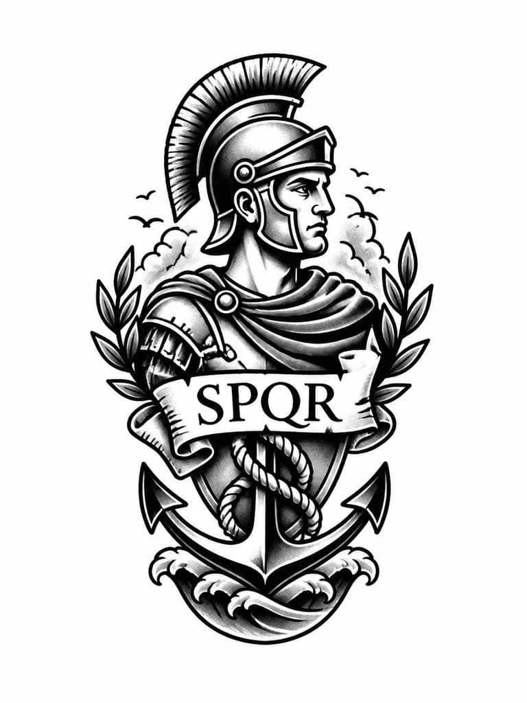 Тату эскиз: Римский легионер с надписью spqr 
